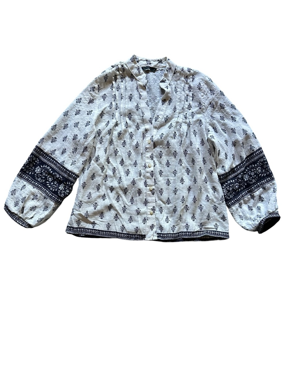 Zara XS White Navy Boho Printed Peasant Blouse Lightweight Cotton